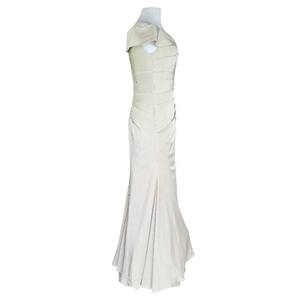 La Femme Off the Shoulder Ruched Satin Trumpet Gown in Champagne Women's Size 8